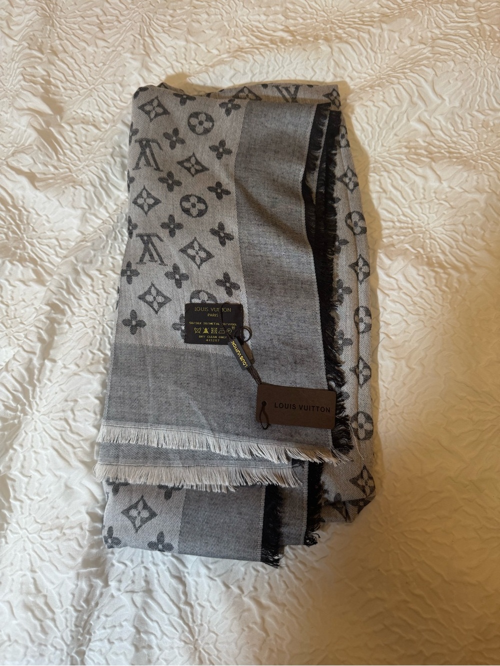 Louis Vuitton Monogram Shawl Scarf Gray 50” x 50”